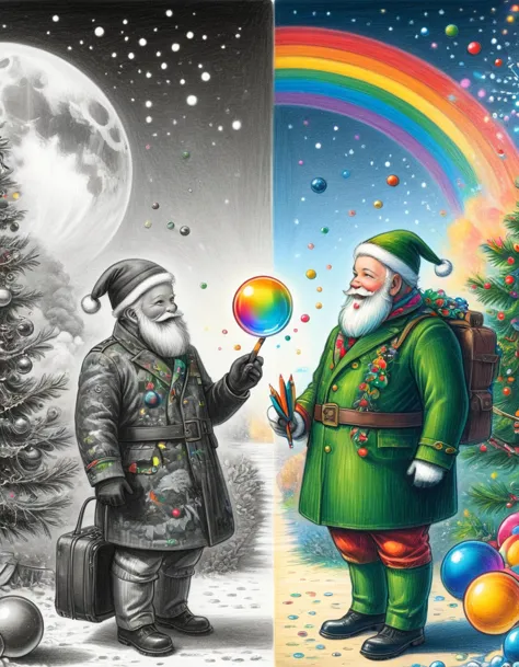 1hbgd1, wear christmas costumes，a mecha figure with a big white beard, rainbow bubbles, fleeting beauty, sparkling colors, playf...