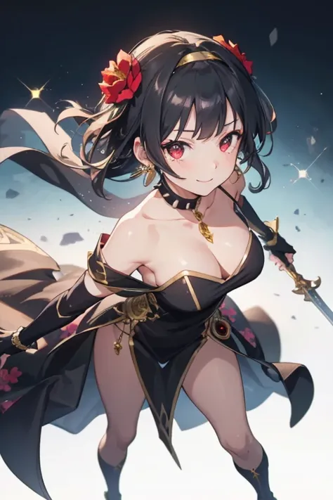 Anime style beutiful woman, 1girl,fullbody, happy, (with sparkling eyes and a contagious smile:1.2), red face, closed mouth, beautiful detailed eyes, super detailed skin, backlighting, bare shoulders, black background, black dress, black gloves, black hair...