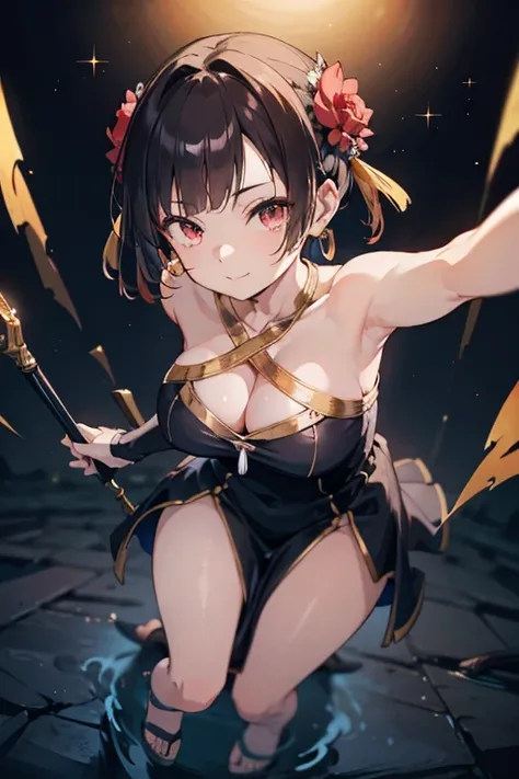 Anime style beutiful woman, 1girl,fullbody, happy, (with sparkling eyes and a contagious smile:1.2), red face, closed mouth, beautiful detailed eyes, super detailed skin, backlighting, bare shoulders, black background, black dress, black gloves, black hair...