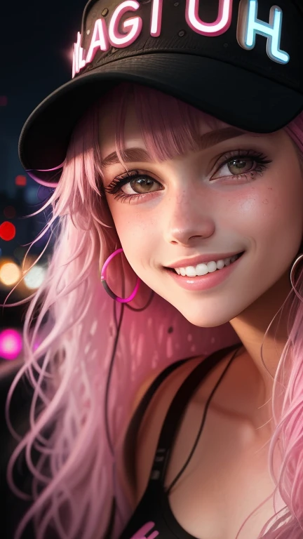 Create a masterpiece of highest quality and ultra-high resolution, showcasing a close-up portrait of a 20-year-old girl with a big, passionate smile that lights up her neon city at night surroundings. Her teeth gleam brightly, and she wears wireless earpho...