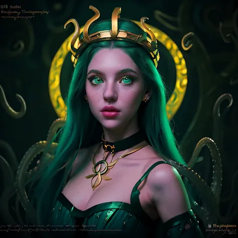 cinematic photo of a pale girl with aqua octopus tentacles in her hair, beautiful octopus woman, perfect cute face, golden laure...