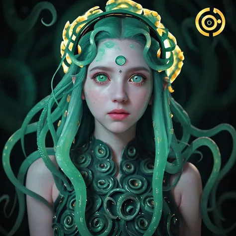 cinematic photo of a pale girl with aqua octopus tentacles in her hair, beautiful octopus woman, perfect cute face, portrait of an octopus goddess, beautiful futuristic hair style, medusas long flowing hair, portrait of teenage medusa, green eyes, golden l...