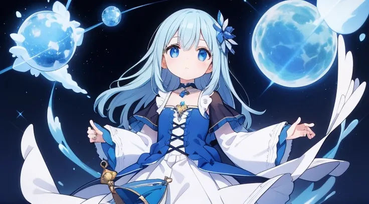 One girl、magical 、blue hairs、blue eyesagical Girl Costumeagic cane、​masterpiece、top-quality、Top image quality、cute little、magia、Using magic