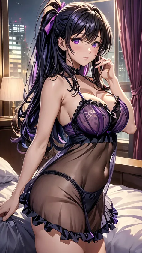 ((best quality)), ((masterpiece)), (detailed), perfect face, perfect budy, 1girl, black long hair, hours style hair, purple eyes, purple ccamisole, ((see-through)), ((frilly camisole)), the girl on her bed, Seeing the girl from the front, the girl in middl...