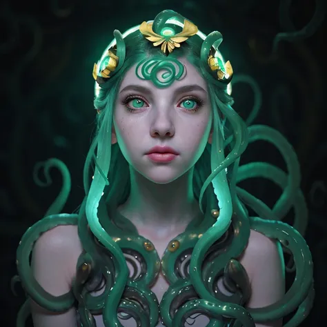 cinematic photo of a pale girl with aqua octopus tentacles in her hair, beautiful octopus woman, perfect cute face, portrait of ...