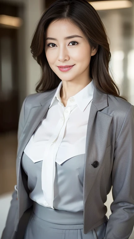 (highest quality,8k,masterpiece),
日本人Mature Woman,40 years,Mature Woman,Pure white skin, ((Full body photography:0.85))、
Full breasts:1.1、　((White collared blouse))、((Grey tailored jacket))、Grey tight skirt、Brown wavy hair、
,A gentle smile、A gaze that sedu...