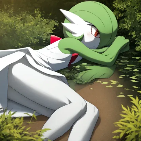 best quality, gardevoir, pokemon, short height, red eyes, green hair, sad, crying, slim, slender body, skinny legs, looking at v...