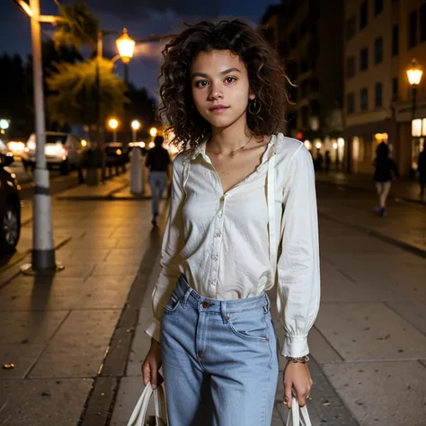 Zazie, 19 age, attractive, brown, curly hair, white blouse, baggy jeans, street, night, strong wind 