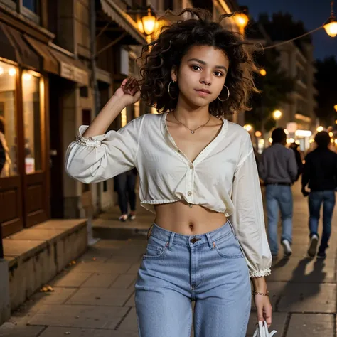 Zazie, 19 age, attractive, brown, curly hair, white blouse, baggy jeans, street, night, strong wind 