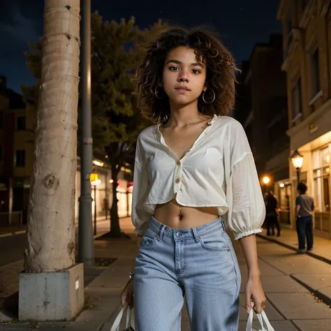 Zazie, 19 age, attractive, brown, curly hair, white blouse, baggy jeans, street, night, strong wind 