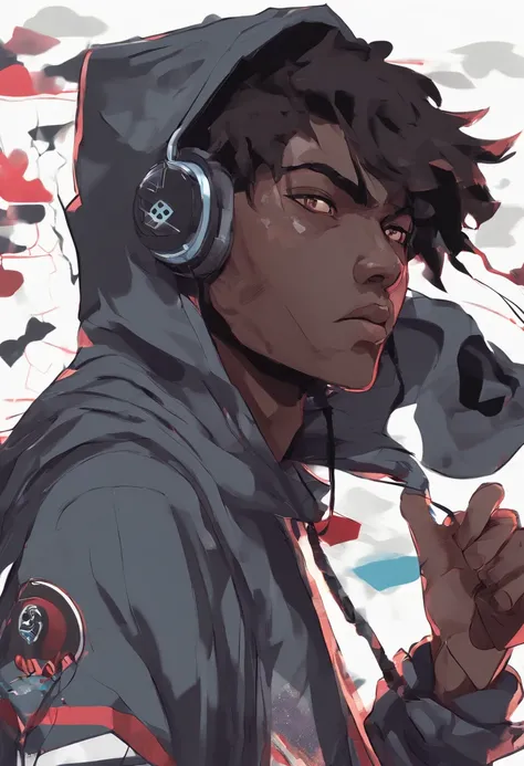 (Best quality, 8k, 32k, Masterpiece, UHD:1.2) dark skin boy with earphones and a hoodie listening to music, young anime man, inspired by Okumura Masanobu, inspired by Okumura Togyu, as an anime character, ear piercings, black camo hoodie, striped shirt