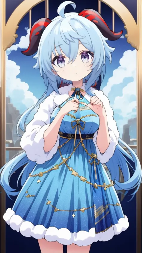 1 girl, solo, Ganyu (Genshin), chest, horns, long hair, blue hair, ahoge, looking at camera, holding, blushing, bangs, absolute territory, purple eyes, medium breasts, goat horns,, very long hair , standing, closed mouth, , side lock, cowboy shot, fluffy, ...