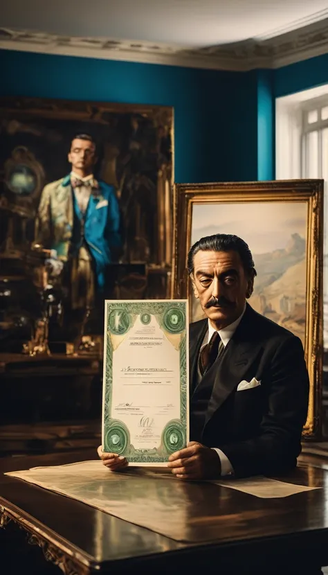 Dali presenting a blank check with a surrealist sketch, background cinematic, hyper realistic, ultra detailed hyper realistic, photorealistic, Studio Lighting, reflections, dynamic pose, Cinematic, historical accuracy, Color Grading, Photography, Shot on 5...