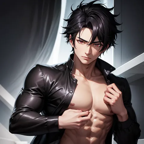 An intricately detailed anime portrait of a masculine figure, boasting black hair that contrasts sharply against his fiery red eyes. His beautiful, expressive eyes gleam under the soft, ambient lighting, framing a chiseled, well-built body. The short hair ...