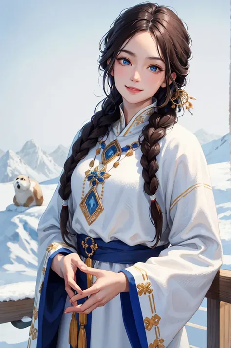 (masterpiece:1.2, best quality), (real picture, intricate details), 1lady, solo, upper body, casual, long hair, minimal makeup, natural fabrics, close-up face, smile, cold, snow, beautiful woman, long dark brown hair, long braids, two long braids, tan skin...