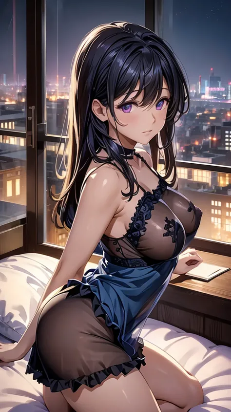 ((best quality)), ((masterpiece)), (detailed), perfect face, perfect buody, 1girl, black long hair, hours style hair, purple eyes, ((the girl wearing a camisole)), ((blue camisole)), ((see-through)), ((frilly camisole)), Showing the girl appearances from t...