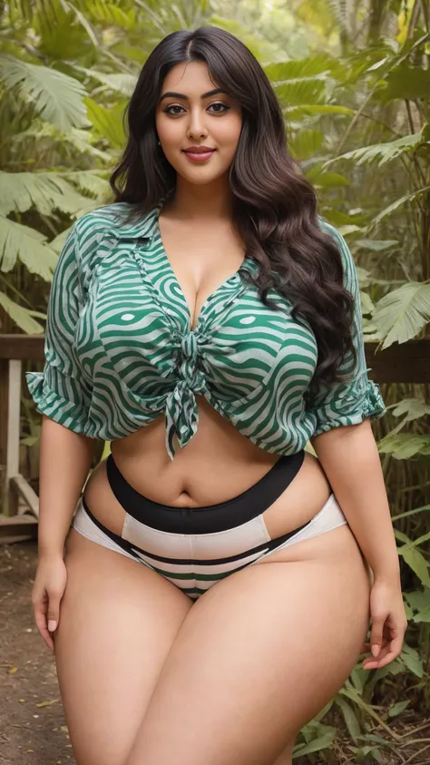 Madhubala Indian beautiful actress ultra big curvy plus size big hour glass huge figure woman, thick hips, different angle full body close shot, curvy body type, m-cup full covered breast, wearing light green Letter & Striped Print Tie Waist PJ Set, eye co...