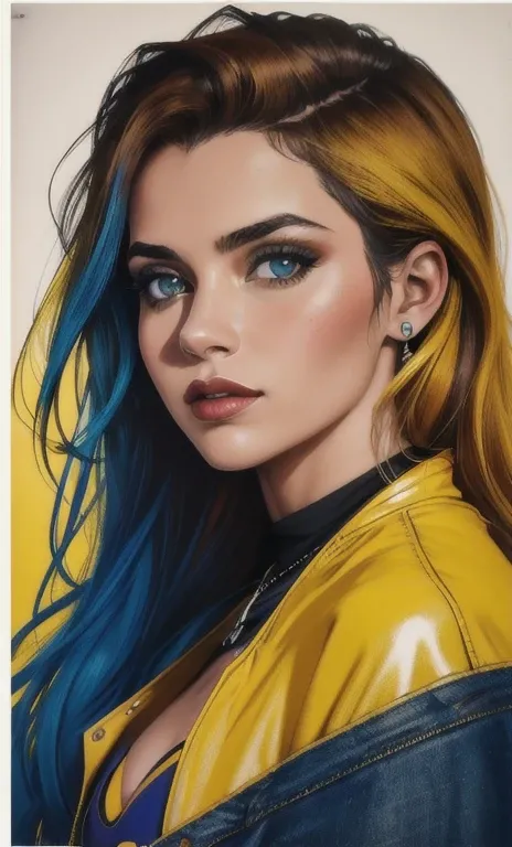 uma mulher com roupas coloridas e fones de ouvido, no estilo de detalhes fotorrealistas, americano, retratos fotograficamente detalhados, airbrush art, classic americano cars, dark amber and blue, amarelo e vermelho