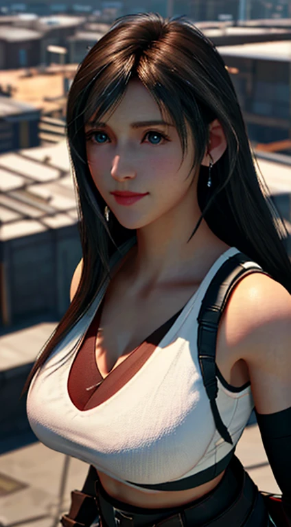 Realistic, 8k，masterpiece，BSET quality，big，（1 Giant breasts），Tifa Lockhart，Red colored eyes，View from above，City roofs，Brunette color hair，Long white hair，Professional Lighting，（Glossy Skin：1.2），Shiny big，（（highest quality）），Get into sharp focus：1.2，Highly...