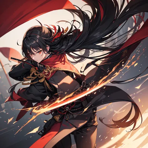 ((blackい髪　long hair　black　military commander　one person　lonely　red flag))　((night　japanese style　old))　(dance　shining japan swor...