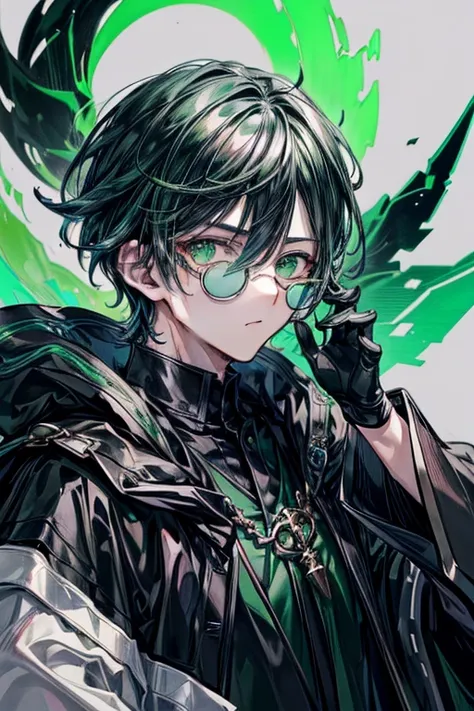 (masterpiece, best quality, perfect face, expressive eyes), 1boy, (anime), (male), (adult), (black hair), green gradient hair, g...