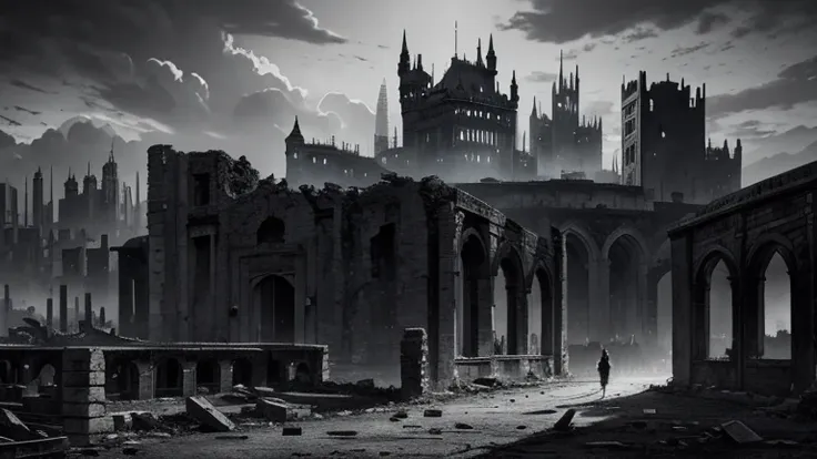 ruins、devastated land、monochrome、bleak、one big castle、ink painting、perfect composition, beautiful and sophisticated、dystopian ci...