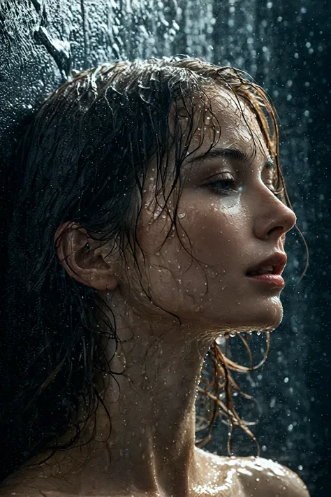 a beautiful woman's face slowly emerges from a wall of water, wet, glistening, side view, profile