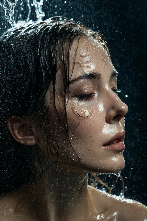 a beautiful woman's face slowly emerges from a wall of water, wet, glistening, side view, profile