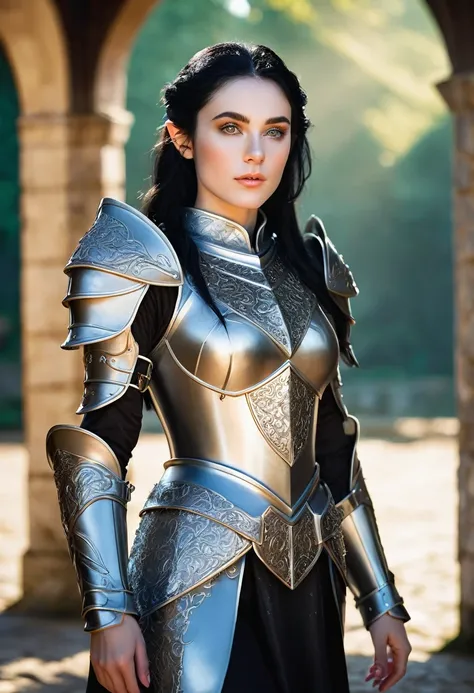 Masterpiece, a beautiful female elf knight  bright eyes, black hair, broad shoulders, strong body, best quality, (best detailed: 1.3), full body, ultra wide shot, high detail pale skin with light freckles, high detail filigree elf armor, outside, (skin tex...