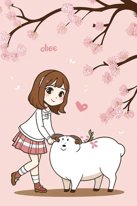 Cartoon doodle style illustration, cute Suffolk sheep like girl, cherry blossom on background