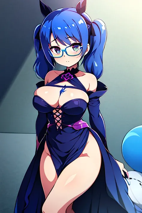 1girl,otonashi subaru,heterochromia,green right eye,blue left eye,twintails,cobalt blue hair,glasses,large breasts,Perfect body,animated, animification, tattoo,dark dress,beautiful detailed hair, purple Clothes,bondage