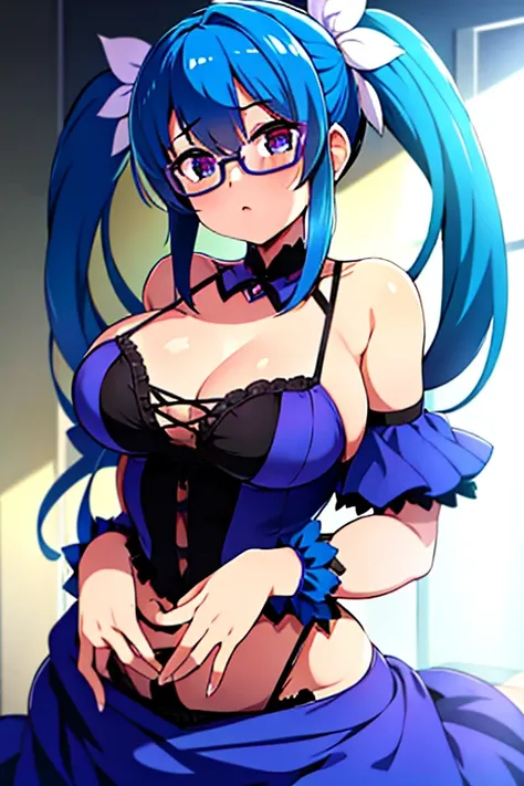 1girl,otonashi subaru,heterochromia,green right eye,blue left eye,twintails,cobalt blue hair,glasses,large breasts,Perfect body,animated, animification, tattoo,dark dress,beautiful detailed hair, purple Clothes,garter belt,camisole