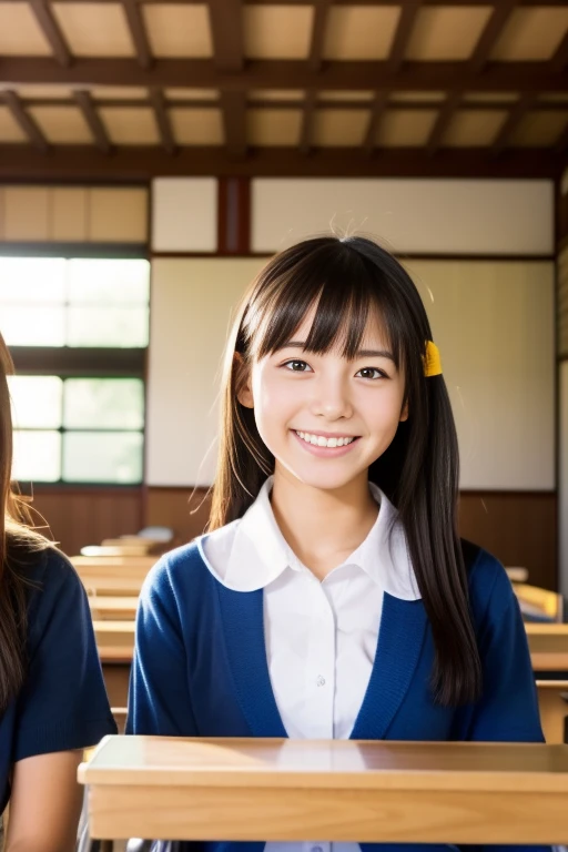 Three Japanese girls in a classroom, 17 years old, smile, wear, Tabletop, highest quality