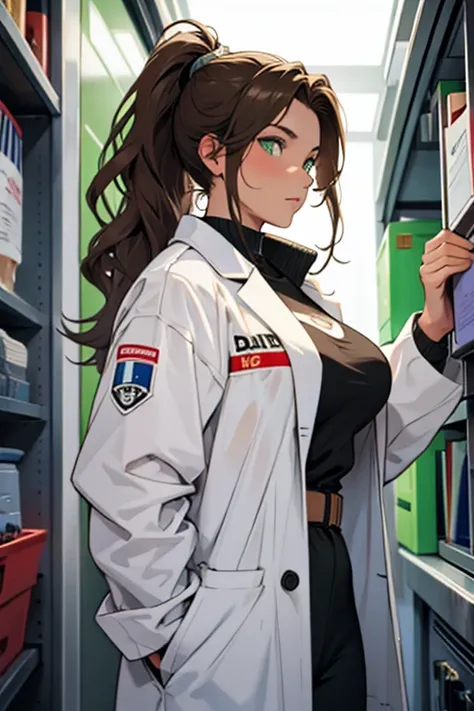 Italian girl, 25 years old, wavy brown hair, tied in a ponytail, super breasts, white lab coats, green eyes