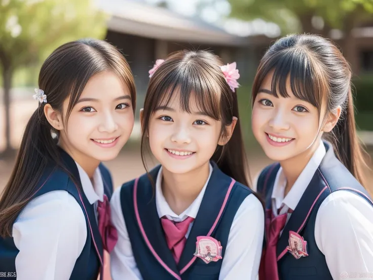 校外学習中に仲良しな三人の女子高生が集合写真に応じる