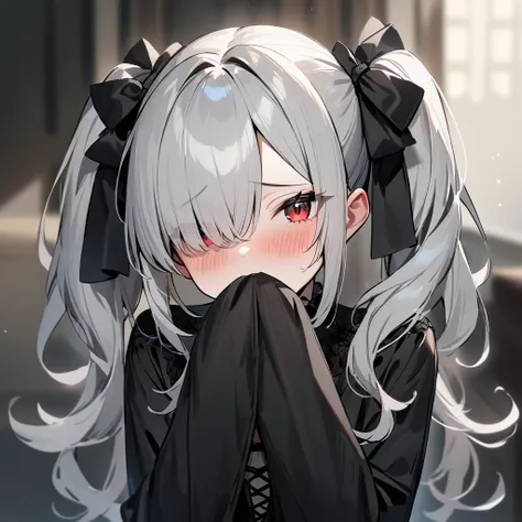 (One Girl),Gothic,Twin tails,Gray Hair, blush,Red Eye,Hair above one eye,masterpiece, best quality, very aesthetic, absurdres,Hide your mouth