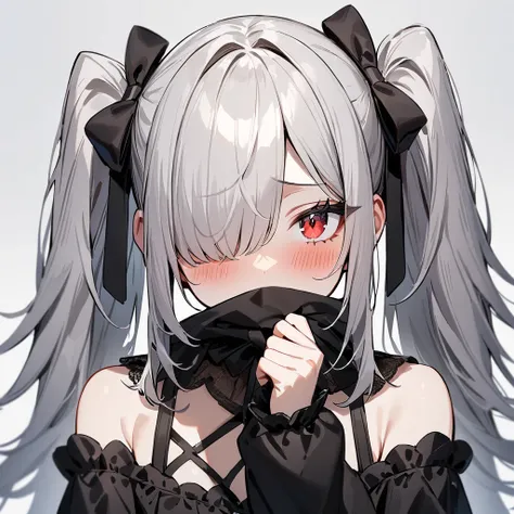 (One Girl),Gothic,Twin tails,Gray Hair, blush,Red Eye,Hair above one eye,masterpiece, best quality, very aesthetic, absurdres,Hide your mouth