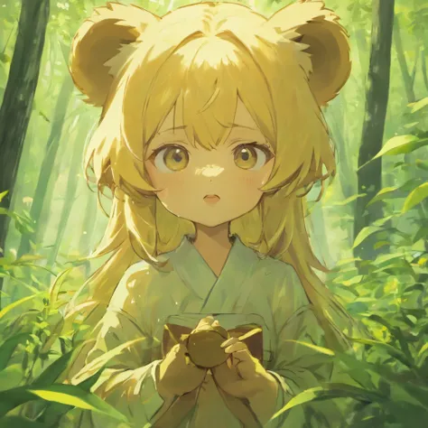 The bear eating honey，Close-up of the bear，Foraging in the forest，Soft grass，Surrounded by flowers，, Anime style, hyper HD, retinas, Masterpiece, Anatomically correct, Textured skin, High details, Super detail, High quality, Best quality, A high resolution...