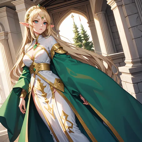 An elf woman who appears to be 37 years old, she has long straight blonde hair without bangs, she has green eyes, she has elf ears, she is a beautiful woman, she has a seductive mature face and a serious expression, she uses noble white clothes, she is ins...