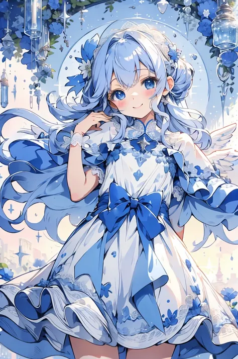 In a pure white space, a cute moe angel girl is taking a peaceful nap. Her sleeping face is full of happiness. A cute , 6 years old, with long eyelashes, attractive and sparkling big eyes. She is wearing a cute little angel mini-dress with lots of ribbons,...