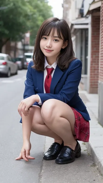 Cute 18 year old girl squatting on the sidewalk,Red tie uniform,Dark Blue Blazer,Blue checked mini skirt,White Panty Shot１．６Crouching Bangs,A small smile,Thighs,knees,random crouching pose，Slim figure，Wear black loafers，