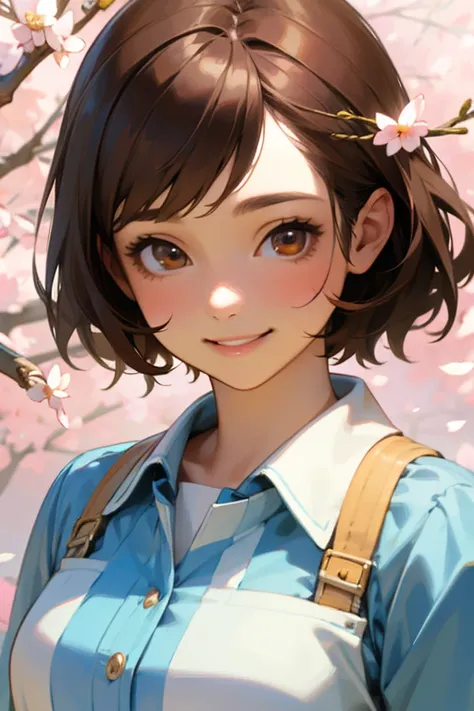 highest quality, work, (Realistic: 1,2), 1 girl, Brown Hair, Brown eyes, front, Detailed face, Beautiful Eyes、Smiling Kindly、Smiling with teeth showing、Spring Clothes、