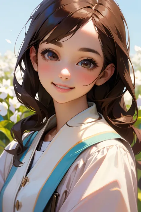 highest quality, work, (Realistic: 1,2), 1 girl, Brown Hair, Brown eyes, front, Detailed face, Beautiful Eyes、Smiling Kindly、Smiling with teeth showing、Spring Clothes、