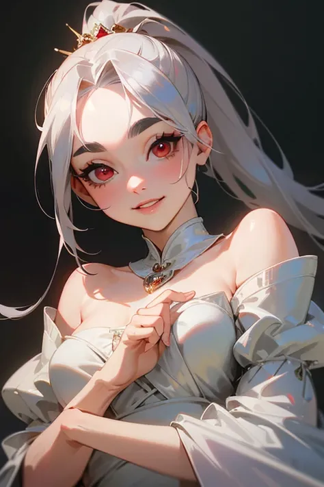 (highest quality, masterpiece:1.2), High resolution, Very detailed, Realistic:1.37, Fantasy, An illustration,Gray Hair、 Red eyes、Queen, White Dress、Platinum decoration、beautifully、Eyeshadow Red、Thick eyebrows、Long eyelashes、pupils are black、shiny on the li...