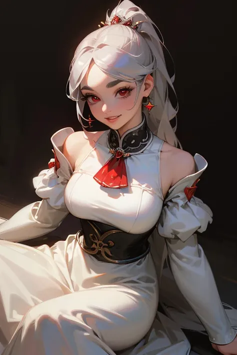 (highest quality, masterpiece:1.2), High resolution, Very detailed, Realistic:1.37, Fantasy, An illustration,Gray Hair、 Red eyes、Queen, White Dress、Platinum decoration、beautifully、Eyeshadow Red、Thick eyebrows、Long eyelashes、pupils are black、shiny on the li...