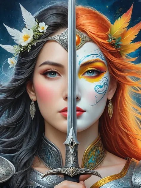 1hbgd1, (Half of the face is Sauron, The other half is Ptolemy), Double-edged sword, (The black and white pencil drawing style on the left transitions to bright colors on the right:1.5)，Ensure the two halves blend seamlessly，(No dividing line)，(Detailed bl...