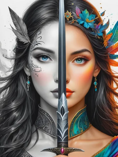 1hbgd1, (Half of the face is Sauron, The other half is Ptolemy), Double-edged sword, (The black and white pencil drawing style on the left transitions to bright colors on the right:1.5)，Ensure the two halves blend seamlessly，(No dividing line)，(Detailed bl...