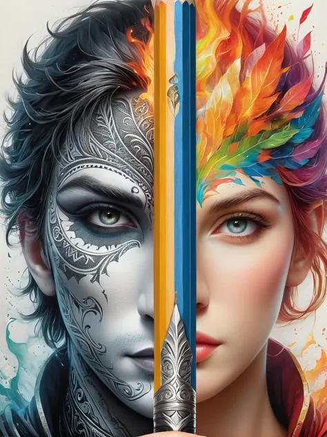 1hbgd1, (Half of the face is Sauron, The other half is Ptolemy), Double-edged sword, (The black and white pencil drawing style on the left transitions to bright colors on the right:1.5)，Ensure the two halves blend seamlessly，(No dividing line)，(Detailed bl...