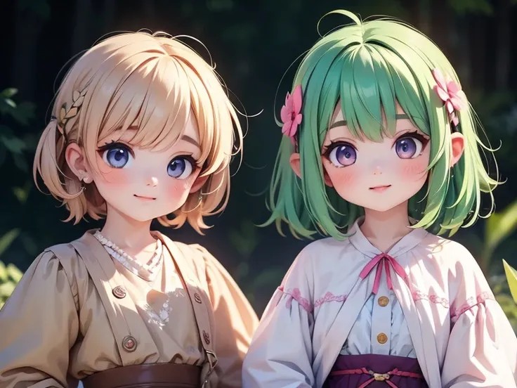 Twin sisters, Different hairstyle, Different hair colors, Different iris colors, The costumes are different,