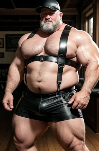  A gray haired super heavyweigth bodybuilder. shirtless with a black leather cap on his head A full body obese bodybuilder with a very sweaty body An extremely muscular and extremely fat old man over 70 years old weighing over 600 pounds. Muy musculoso, mu...